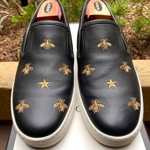 GUCCI Embroidered Bees&Stars Microsoft Leather Slip-on Sneakers 407364 G10=US11